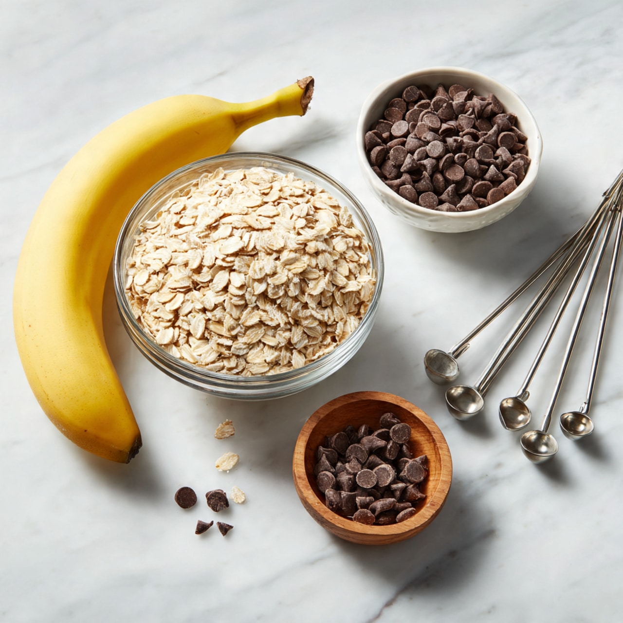 A white marbled surface shows a bright yellow banana on the left side, next to a clear glass bowl full of pale beige rolled oats placed in the middle. To the right of the oats bowl is a white bowl with dark brown chocolate chips, and below it is a small wooden bowl holding a few chocolate chips. Next to the small bowl, on the far right, are four shiny metal measuring spoons lined up with their handles pointing toward the bottom right corner. The scene is softly lit with natural light. photo taken with an iphone --ar 4:5 --v 7