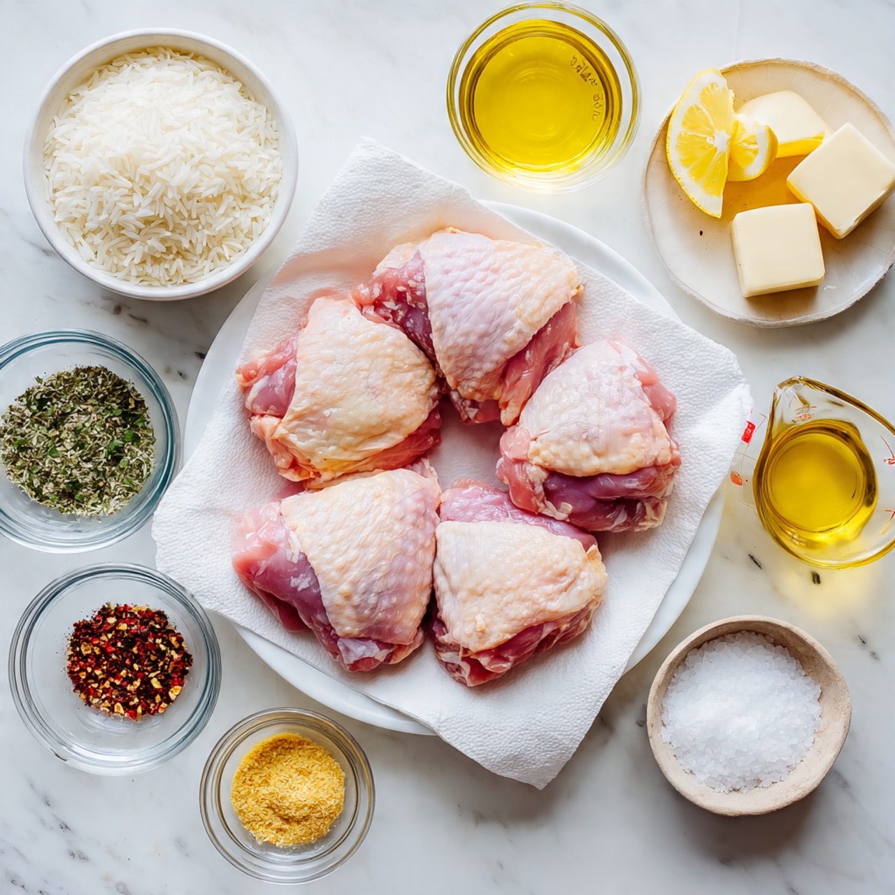 The image shows six raw pink chicken thighs placed on white paper towels, which rest on a white plate centered on a white marbled surface. Around the plate are small clear glass bowls with various ingredients: white cooked rice in a large bowl at top left; dried herbs and spices in small bowls arranged in a semi-circle on the left and bottom, including green herbs, red chili flakes, black pepper, and others. To the right, there is a small bowl with lemon slices, a glass measuring cup with light yellow liquid, a small bowl with yellow powder, a bowl with white cubes of butter, and a bowl with coarse salt. The setup is neat and bright, with soft natural lighting, emphasizing the fresh colors and textures of the ingredients. photo taken with an iphone --ar 4:5 --v 7