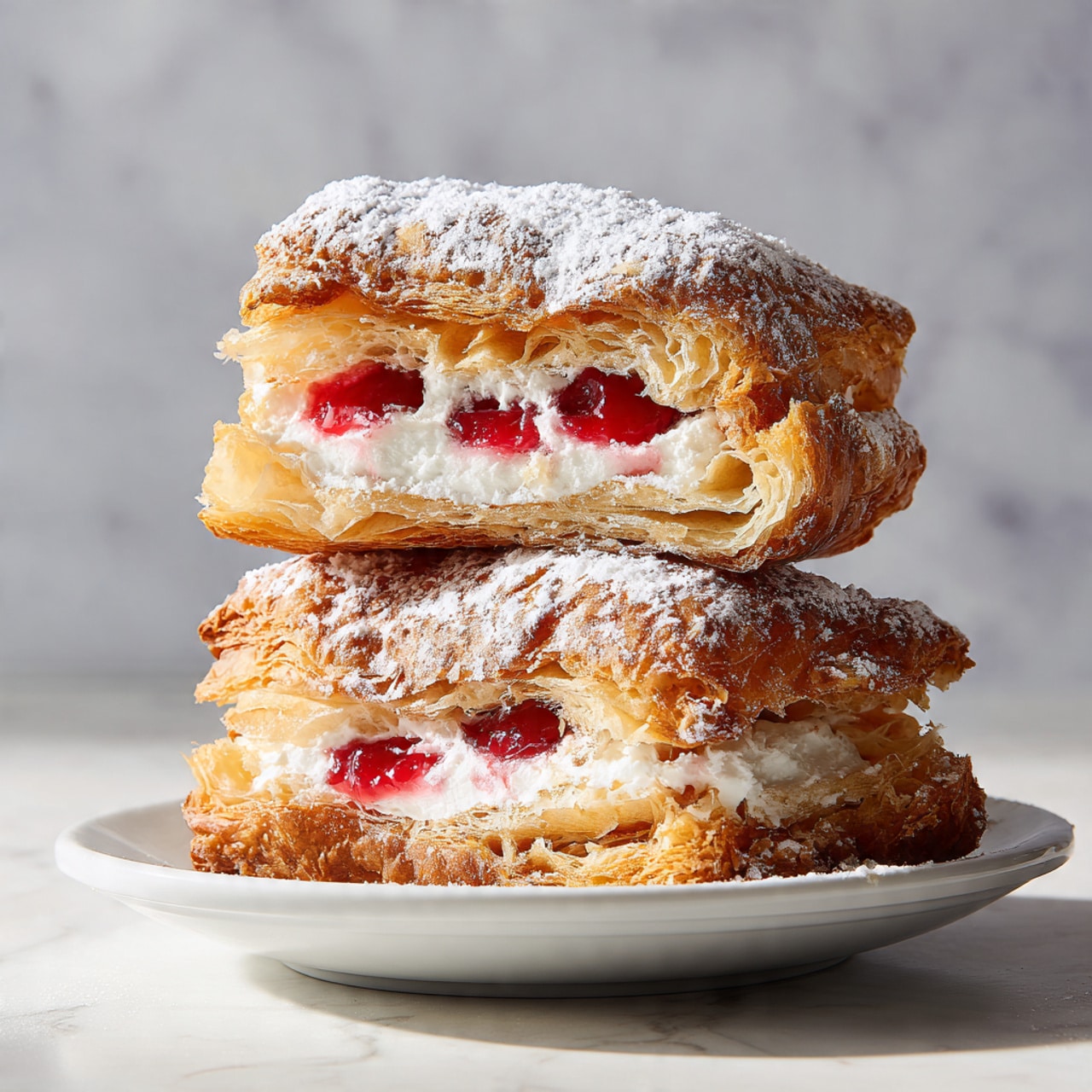 The image shows a stack of three pastries on a white plate, placed on a white marbled table. The pastries are golden brown and flaky with a dusting of powdered sugar on top. The top pastry is broken in half showing a bright red fruit filling inside with a creamy white layer beneath it. The texture of the pastries looks crisp on the outside and soft inside with visible layers of dough. The scene is softly lit, focusing on the textures and colors of the pastries. photo taken with an iphone --ar 4:5 --v 7