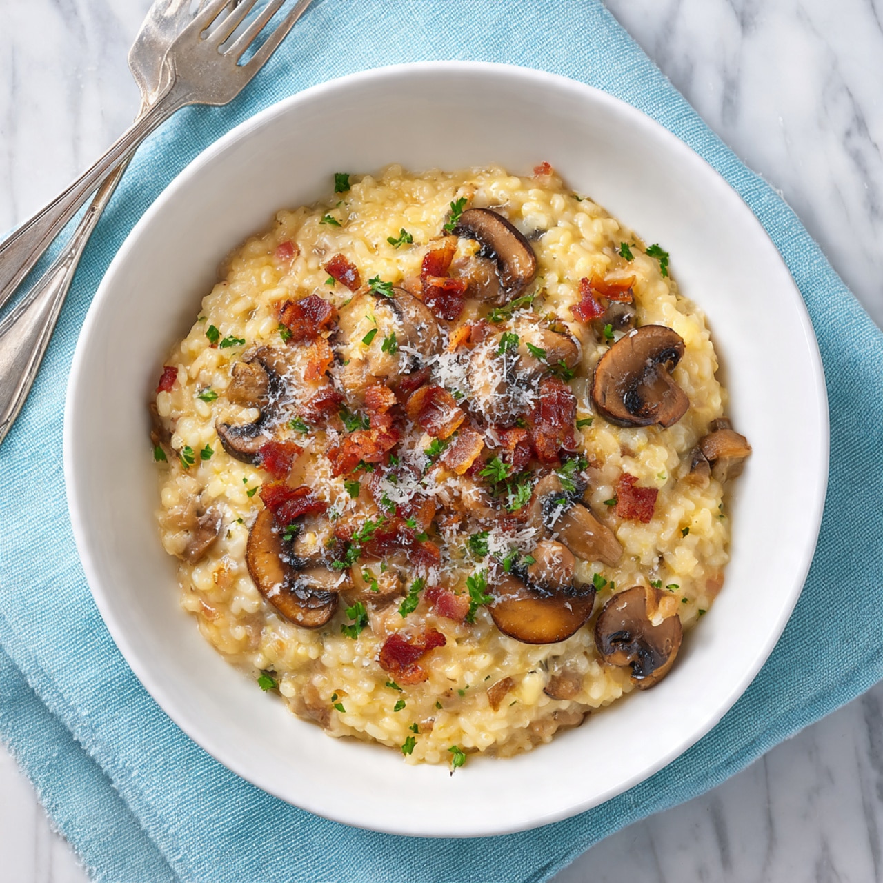 A white bowl is filled with a creamy risotto dish that has several layers of ingredients. The base layer shows soft, light yellow risotto rice mixed with small pieces of cooked mushrooms that are brown and beige. On top, there are slices of whole mushrooms scattered around, some small bits of crispy bacon giving a reddish-brown color, and finely chopped green herbs sprinkled evenly. The risotto is topped with a dusting of grated white cheese that adds a textured look. The bowl sits on a light blue cloth on a white marbled surface, and there is a silver fork placed to the top left of the bowl. photo taken with an iphone --ar 4:5 --v 7