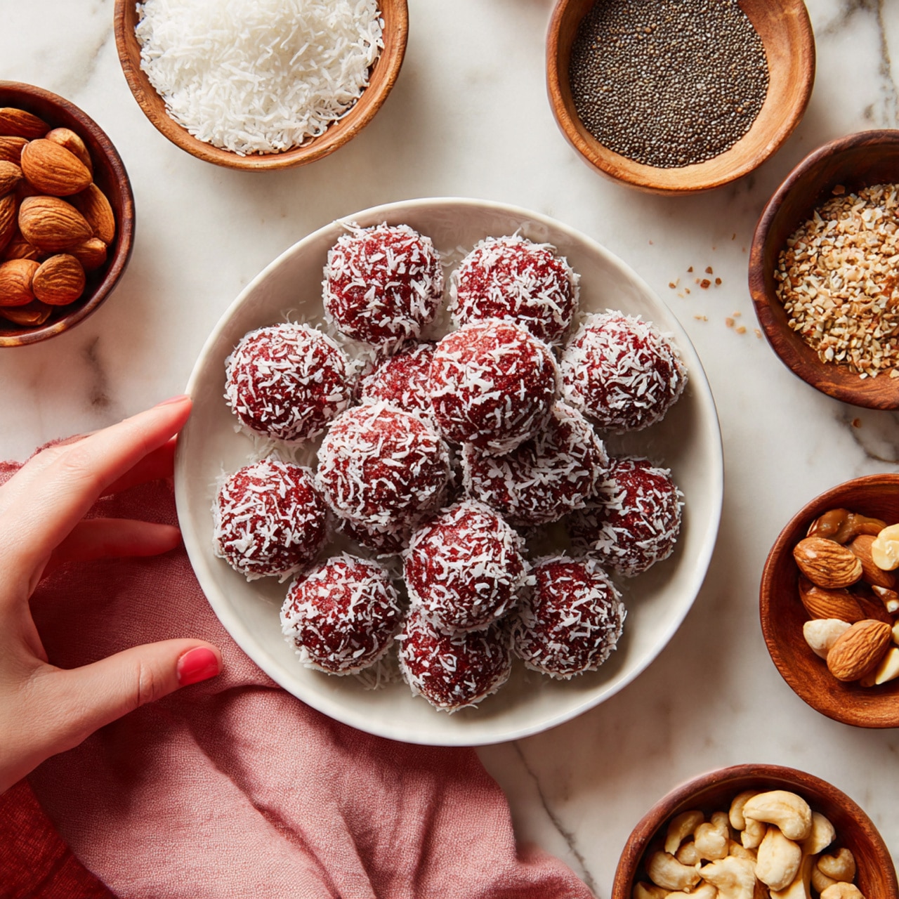 A white bowl filled with round red balls covered in shredded white coconut flakes, arranged in a small pile. Around the bowl, several small wooden bowls hold various ingredients like chia seeds, shredded coconut, and nuts. A woman's hand is reaching into the scene from the left side, near a pink cloth. The background and surface are a white marbled texture, creating a clean and bright setting. photo taken with an iphone --ar 4:5 --v 7