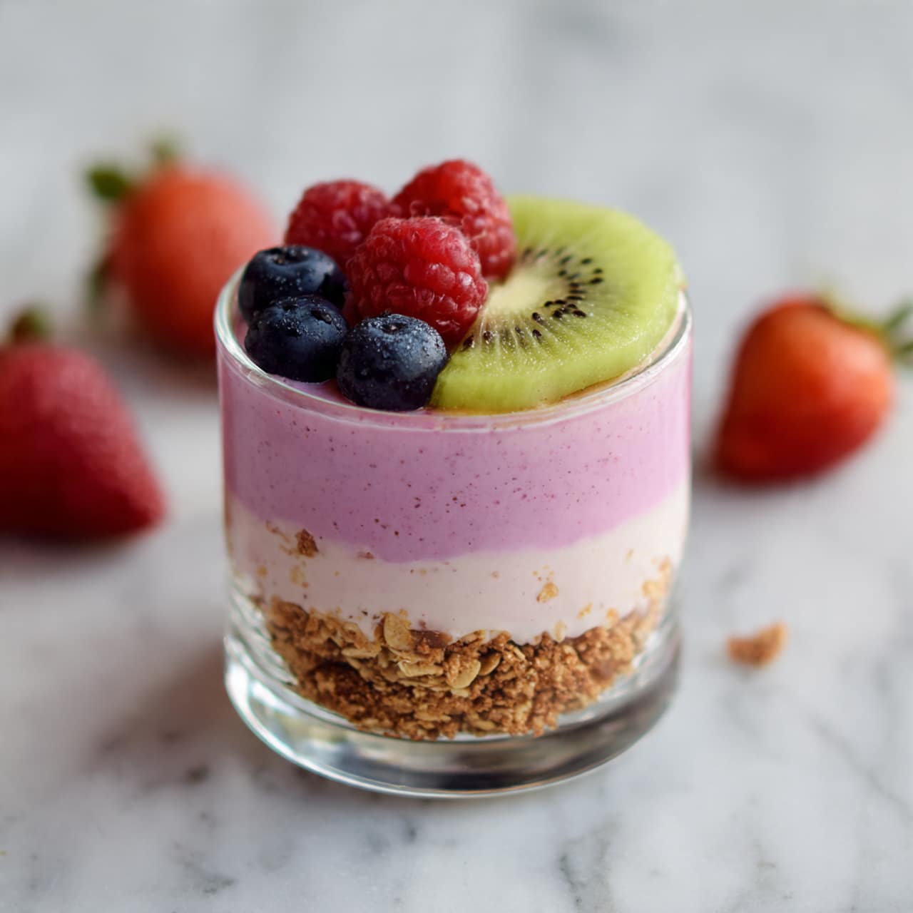 The image shows a clear glass filled with three visible layers. The bottom layer is a brown crunchy texture, likely granola, followed by a thick pink creamy layer mixed with small specks of fruit. Above this, there is another fresh brown crunchy layer, topped with a final pink creamy layer mixed with fruit bits. On top, fresh blueberries, red raspberries, and a light green slice of kiwi rest as a colorful garnish. The glass sits on a white marbled surface, surrounded by fresh strawberries scattered around. The photo was taken with an iphone --ar 4:5 --v 7
