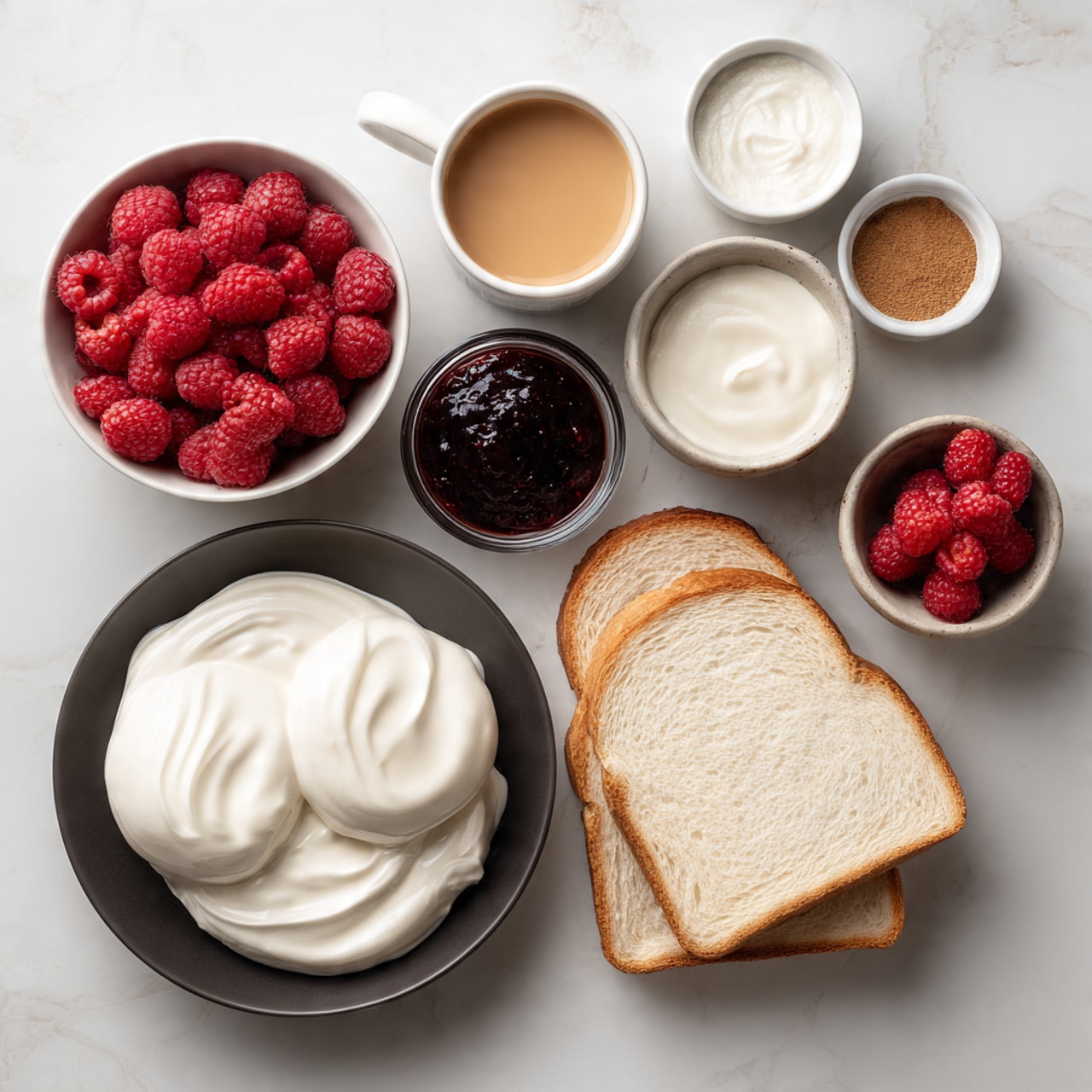 The image shows a white marbled surface with an arrangement of breakfast ingredients. In the center is a dark plate with two scoops of plain white yogurt that look creamy and smooth. To the left, a bowl full of fresh red raspberries adds bright color. Below is a larger bowl filled with thick, white milk. To the right of the yogurt is a slice of plain white bread placed flat. Above the bread is a round cup filled with light brown coffee. On the top row, there are three small bowls: one with dark red jam, one with white cream or milk, and one with a light brown powder, possibly cinnamon. A woman's hand holds a small bowl of raspberries on the left edge. The whole setup is neat and simple, giving a fresh and clean look. Photo taken with an iphone --ar 4:5 --v 7