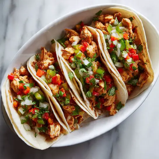 A white oval dish holds six soft tacos arranged standing side by side. Each taco has warm, lightly toasted tortillas filled with layers of cooked chicken pieces mixed with small bits of red, orange, and green bell peppers. On top, there is fresh chopped cilantro and finely diced onions adding bright green and white colors. The filling shows a mix of creamy and crunchy textures, with some melted cheese soft inside. The dish sits on a white marbled surface. photo taken with an iphone --ar 4:5 --v 7