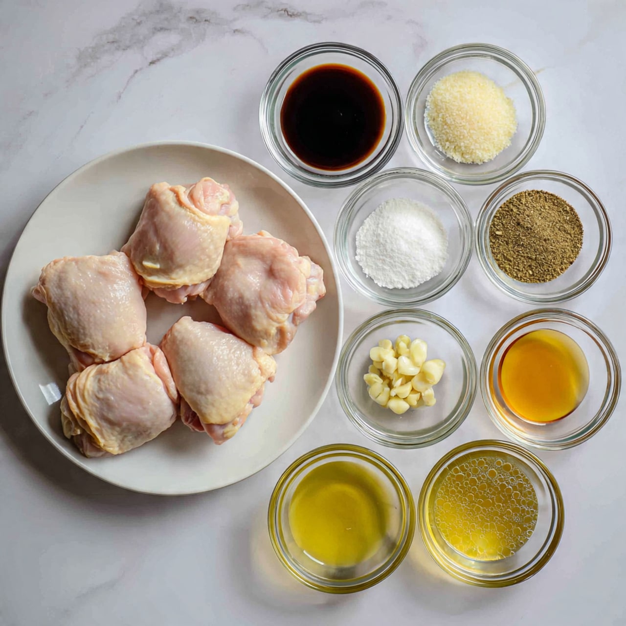The image shows a white plate with four raw pale pink chicken thighs that have some light fat edges, placed on a white marbled surface. Next to the plate, there are nine small clear glass bowls arranged in three rows and three columns, each filled with different ingredients: a thick dark brown liquid, white granules, light brown finely ground spices, a light yellow liquid, finely chopped yellow garlic, a light greenish creamy liquid, a yellow oily liquid, a white powder, and a light golden brown liquid with bubbles. The bowls and plate are neatly arranged, showing all ingredients clearly. photo taken with an iphone --ar 4:5 --v 7