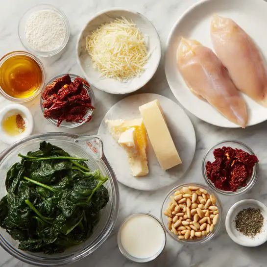 The image shows several small white bowls and a glass measuring cup arranged on a white marbled surface. One bowl holds two raw chicken fillets with a pale pink color and smooth texture. Next to it is a large glass measuring cup filled with fresh, dark green spinach leaves. There is a small white bowl with finely grated pale yellow cheese alongside a chunk of hard yellow cheese. Another bowl contains sun-dried tomatoes in dark red, soaked in oil. Nearby, a small glass cup has whole light brown pine nuts, and another glass contains a creamy white liquid, likely cream or milk. There is also a small glass of light brown broth and four tiny glass bowls with finely minced garlic, black pepper, coarse salt, and dried herbs. A small bowl of white flour is also included. All ingredients are spread neatly for cooking preparation. Photo taken with an iphone --ar 4:5 --v 7
