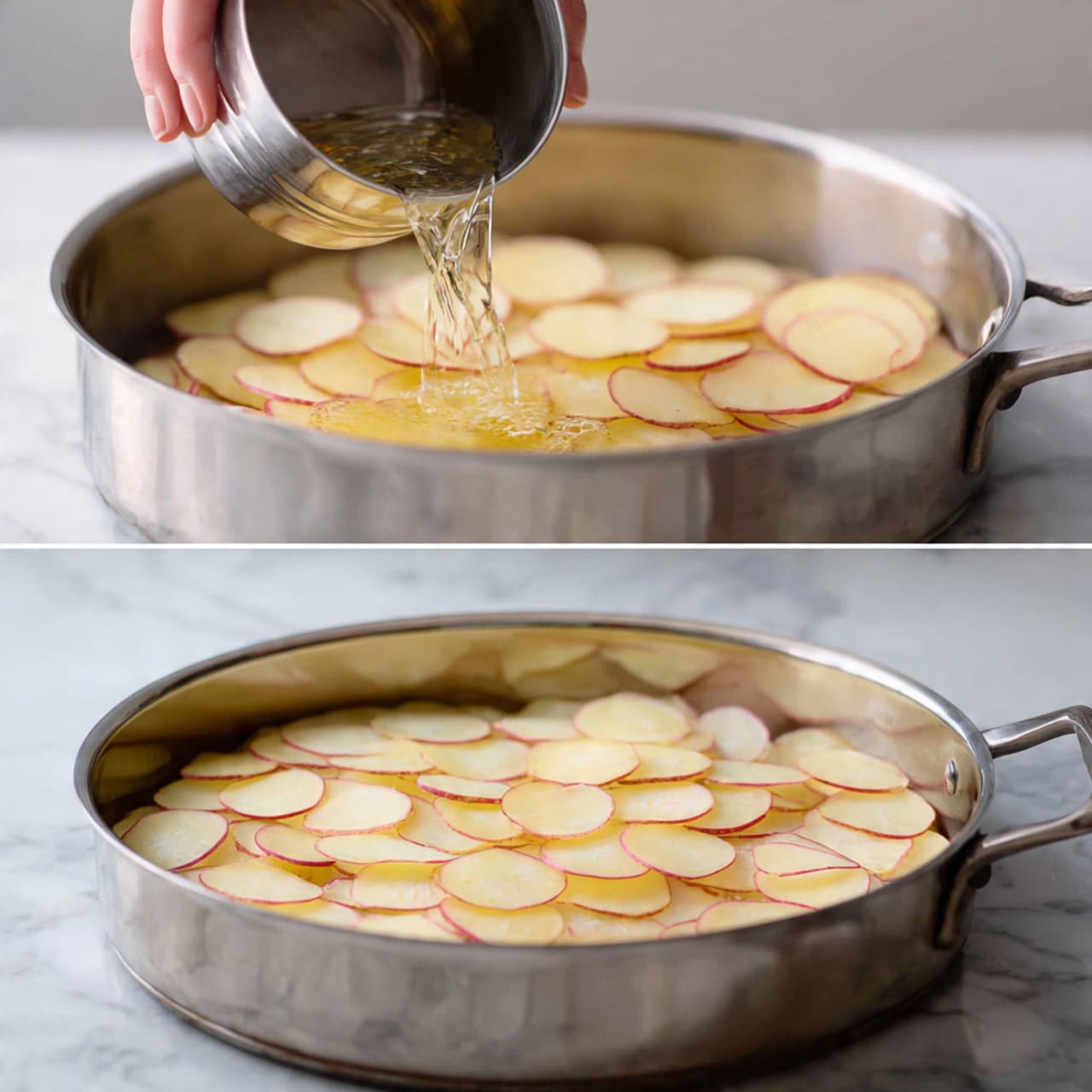 The image shows two steps of cooking sliced potatoes in a shiny metal pan on a stove. In the top part, a silver container held by a woman's hand is pouring liquid over many thin potato slices that are pale yellow with light pink edges, filling the pan. In the bottom part, the pan is full of the same potato slices lying flat in a single layer, with a soft smooth texture and slight shine from moisture. The background and surface beneath are white with a marbled pattern. photo taken with an iphone --ar 4:5 --v 7