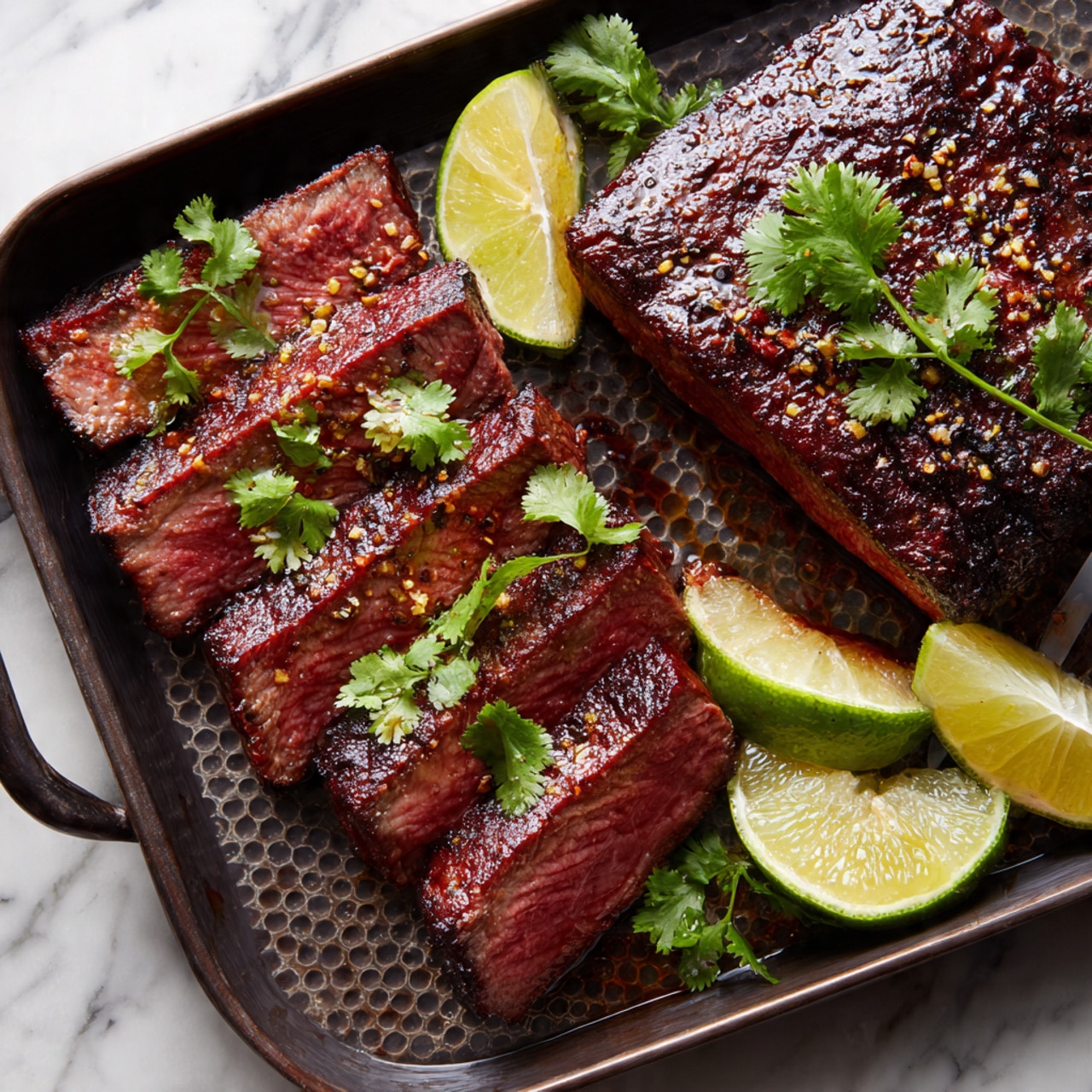 A dark textured pan holds a sliced steak with a brown, grilled outer layer and a pink, juicy inside, arranged in two stacked rows on the left side, garnished with small bright green cilantro leaves spread across the meat. On the top right, a larger piece of steak, whole with a shiny, slightly oily surface and specks of seasoning, is decorated with bigger cilantro leaves. Four lime wedges with a light green color and visible juicy fleshy texture rest near the steak corners. The pan's bottom has a perforated pattern, and the background shows a white marbled texture. photo taken with an iphone --ar 4:5 --v 7