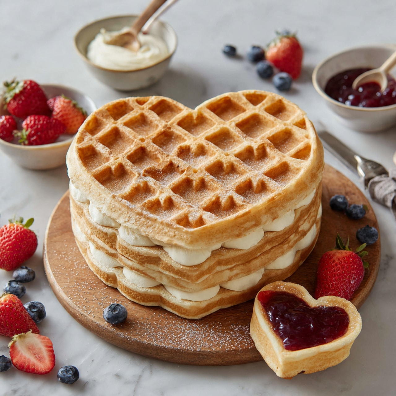 The image shows a round waffle cake with heart-shaped sections stacked in a single thick layer, light golden in color and crisp in texture. It sits on a wooden round board placed on a white marbled surface. Around the cake, there are small bowls of red jam and white cream, along with scattered fresh strawberries and blueberries. Two heart-shaped waffles with jam spread on top are placed near the bottom of the scene, with a woman's hand holding a spoon near the jam bowl. The whole layout is bright and clean with a fresh look, photo taken with an iphone --ar 4:5 --v 7