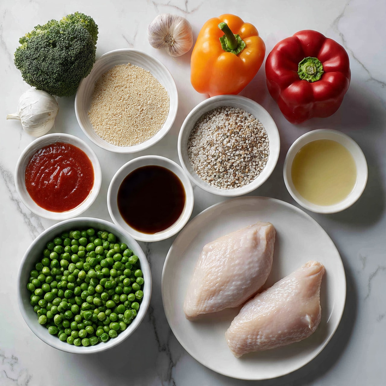 The image shows a white marbled surface with various fresh ingredients organized neatly. There are three raw chicken pieces placed on a large white plate at the bottom right. Beside the chicken, to the left, is a bowl of fresh green peas. Above these, three small white bowls hold different powders and seeds: one with light beige powder, one with mixed seeds, and one with white granules. To the right of these bowls, there is a white bowl with a pale yellow liquid. Above that, a white bowl contains a dark brown liquid. On the left side, there is a small garlic clove near a white bowl filled with red sauce. Two bell peppers, one orange and one red, are placed above the bowls and close to a small head of broccoli at the top left corner. The background is a clean white marbled surface. photo taken with an iphone --ar 4:5 --v 7
