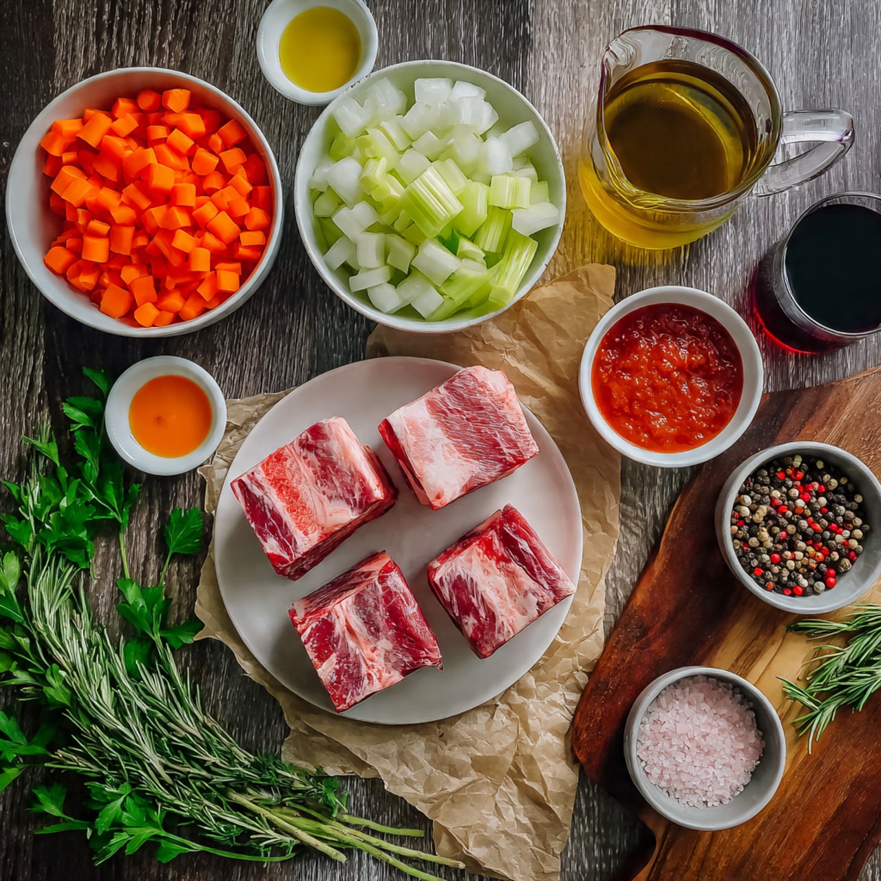 The image shows a layout of raw cooking ingredients on a dark wooden surface with a white marbled texture change. There are three white bowls with chopped vegetables: bright orange carrots in one, pale white onions in another, and light green celery in the last. A white plate holds three large pieces of raw beef ribs with red and white marbled fat, resting on a piece of brown parchment paper. There are small white bowls with golden olive oil and red tomato paste placed near the veggies. A glass measuring cup with light brown broth and a glass filled with dark red wine are nearby. Fresh green herbs, including parsley and rosemary, are spread along the bottom left, and a small wooden board on the right holds a white salt container with pink salt and a grey bowl with multicolored peppercorns. Photo taken with an iphone --ar 4:5 --v 7