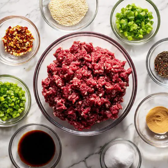 The image shows a large clear glass bowl in the center filled with raw ground meat that is deep red with a slightly coarse texture. Surrounding the main bowl are twelve smaller clear glass bowls arranged neatly on a white marbled surface, each holding different ingredients: bright green chopped scallions, dark soy sauce, light brown sugar, white sesame seeds, white granulated powder, dark red chili flakes, black pepper, light beige granulated seasoning, a clear liquid, and more. The wooden surface under the bowls is replaced by a white marbled texture as per instructions. photo taken with an iphone --ar 4:5 --v 7