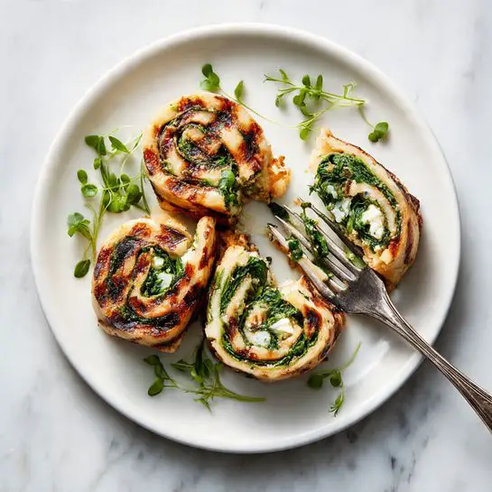 A white plate with two stuffed chicken breasts placed side by side on the right half of the plate, each golden brown and cooked with a visible layer of white cheese and green spinach filling in the middle. On the left side of the plate is a mix of fresh salad greens with different shades of green leaves and some dark purple leaves, adding a fresh contrast. The plate sits on a white marbled surface with a fork on the right side and a small glass bowl with chopped green herbs above the plate. Photo taken with an iphone --ar 4:5 --v 7