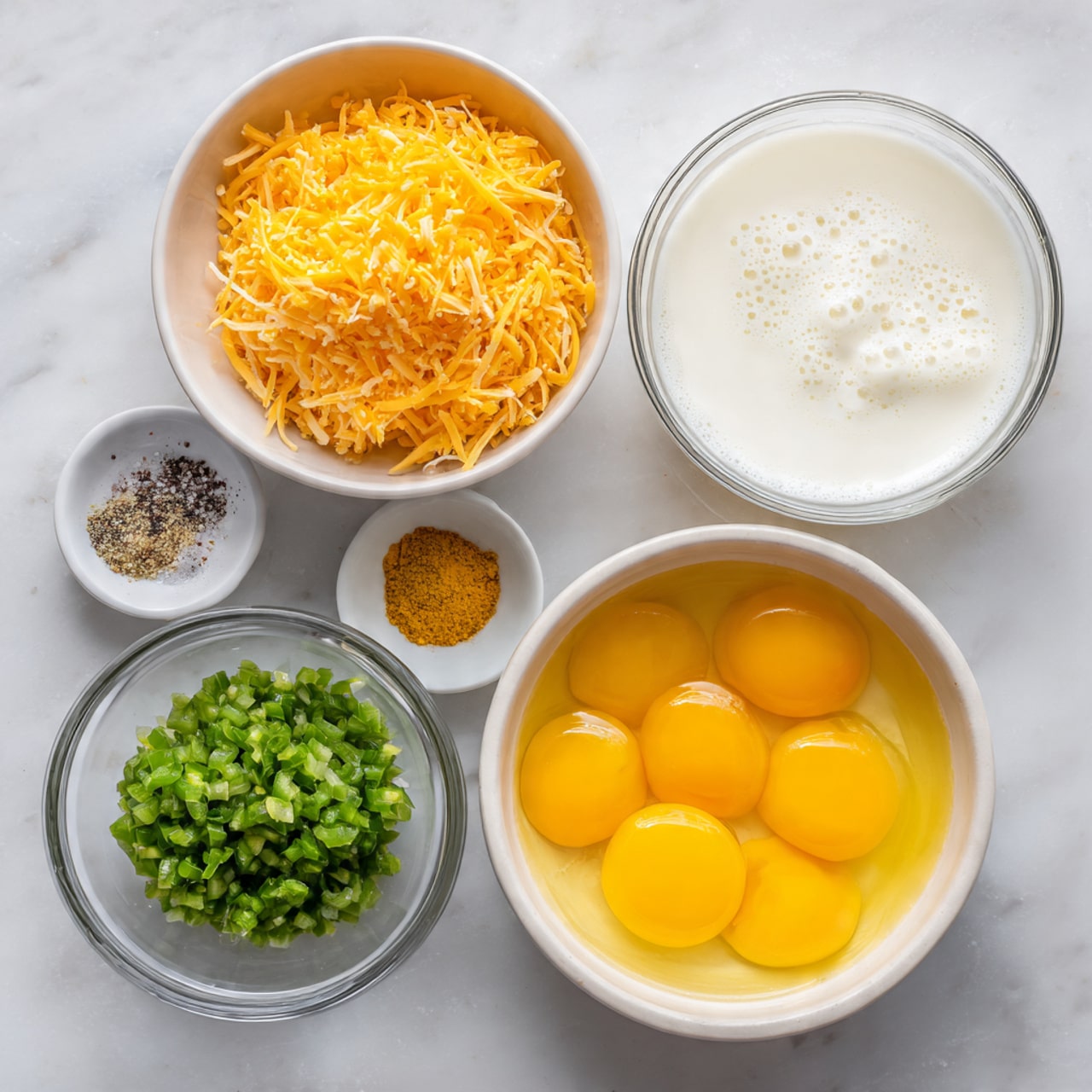 The image shows five bowls with different ingredients placed on a white marbled surface. The largest bowl at the bottom right contains about 16 bright yellow egg yolks mixed with egg whites, giving a clear, slightly bubbly texture. Above it, a white bowl is filled with finely shredded orange cheddar cheese, showing a soft and crumbly texture. To the right of the cheese, there is a clear glass bowl holding smooth, white cream with a few bubbles on the surface. Below the cheese bowl, a smaller clear bowl holds green chopped peppers with a moist, chunky texture. At the bottom left, a very small round white bowl has three piles of salt, black pepper, and a yellow spice neatly separated. photo taken with an iphone --ar 4:5 --v 7