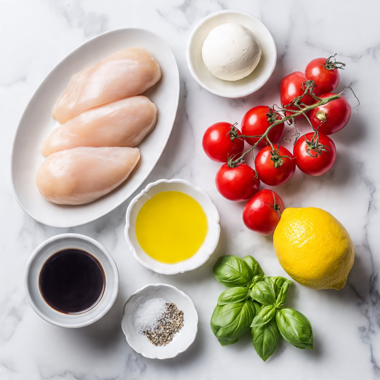 A white plate at the bottom left holds three large raw chicken pieces, smooth and pale pink in color. To the right, bright red cherry tomatoes still on their green vine cluster tightly together, creating a vibrant contrast. Above the tomatoes, a whole bright yellow lemon sits. To the top left of the lemon, a small white bowl contains a round piece of soft white cheese. Nearby, an oval white bowl has dark balsamic vinegar, and next to it, another white bowl holds light golden olive oil. Above these, a small white scalloped dish displays two small piles of salt and black pepper. At the top left, a bunch of fresh green basil leaves with long stems adds a leafy texture. The setting is on a white marbled surface. photo taken with an iphone --ar 4:5 --v 7