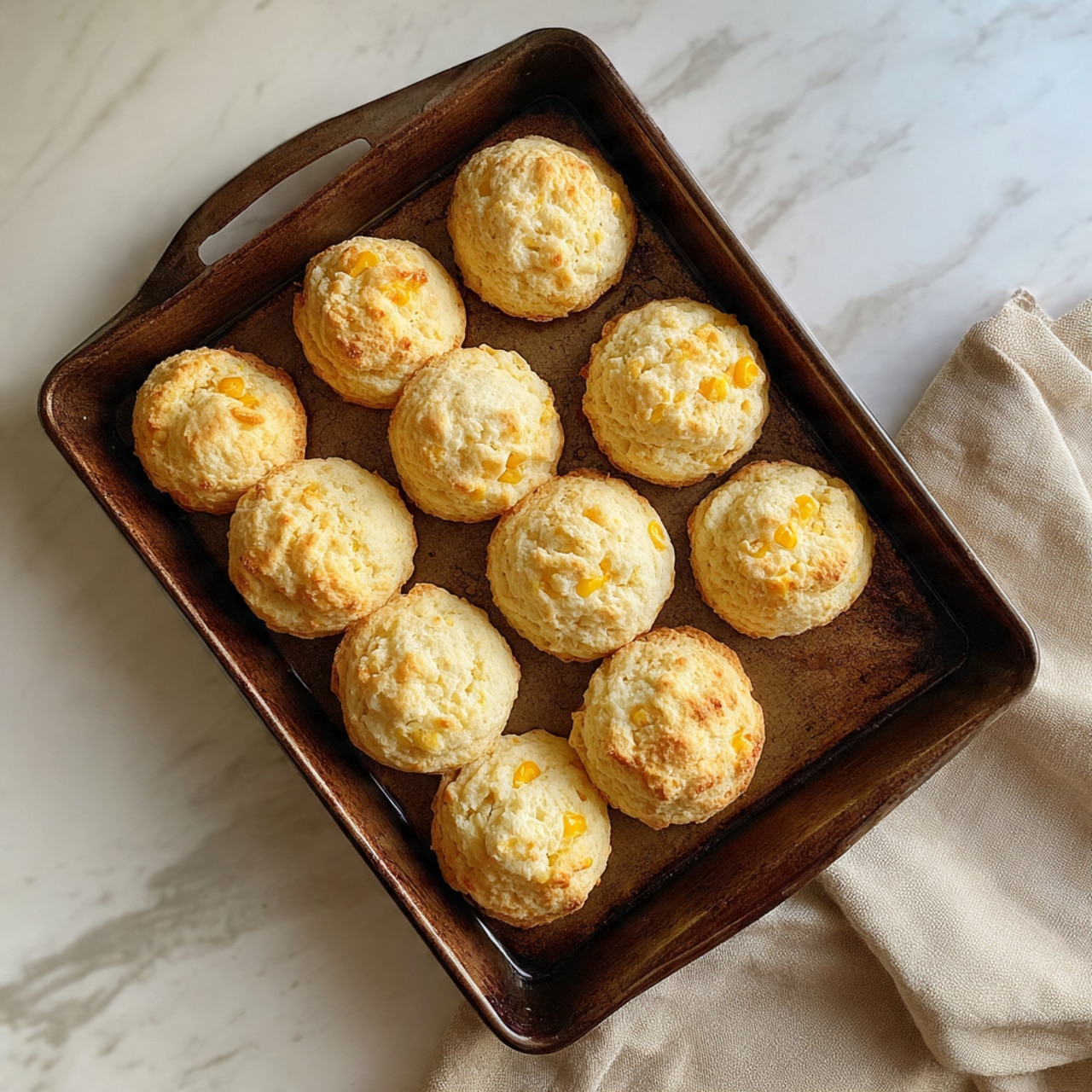 There is a dark brown, worn baking tray filled with ten round biscuits arranged in three rows; the biscuits are light golden with a slightly rough texture and small yellow corn pieces dotted throughout, each biscuit showing two visible layers with a soft and fluffy inside, the tray sits on a white marbled surface with a beige cloth partly visible on the right side photo taken with an iphone --ar 4:5 --v 7