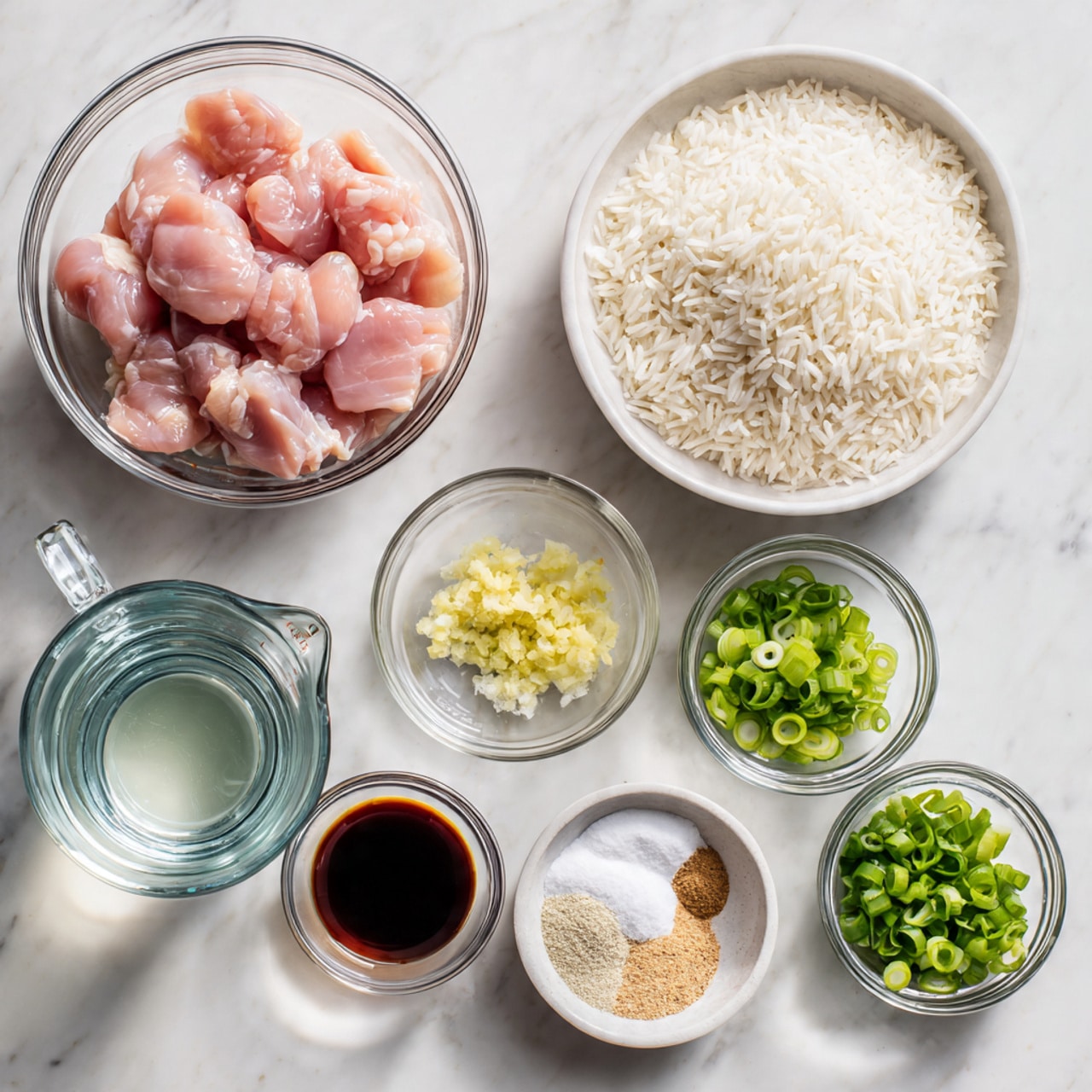 The image shows the ingredients for a recipe neatly arranged on a white marbled surface. On the left side, there is a clear glass bowl filled with raw pink chicken pieces, and below it a glass measuring cup filled with clear water. Above the chicken is a clear bowl with white rice. On the right side, a large white round plate holds several small clear glass bowls. These bowls contain different ingredients including green sliced scallions on the bottom, light yellow minced ginger above, a dark brown sauce to the right, white salt, beige powder, light beige powder, and white starch powder. At the top right of the image, there is another small bowl with chopped green scallions. All the bowls are clear glass, showing the color and texture of each ingredient clearly. The photo has soft natural light and is taken from above. Photo taken with an iphone --ar 4:5 --v 7