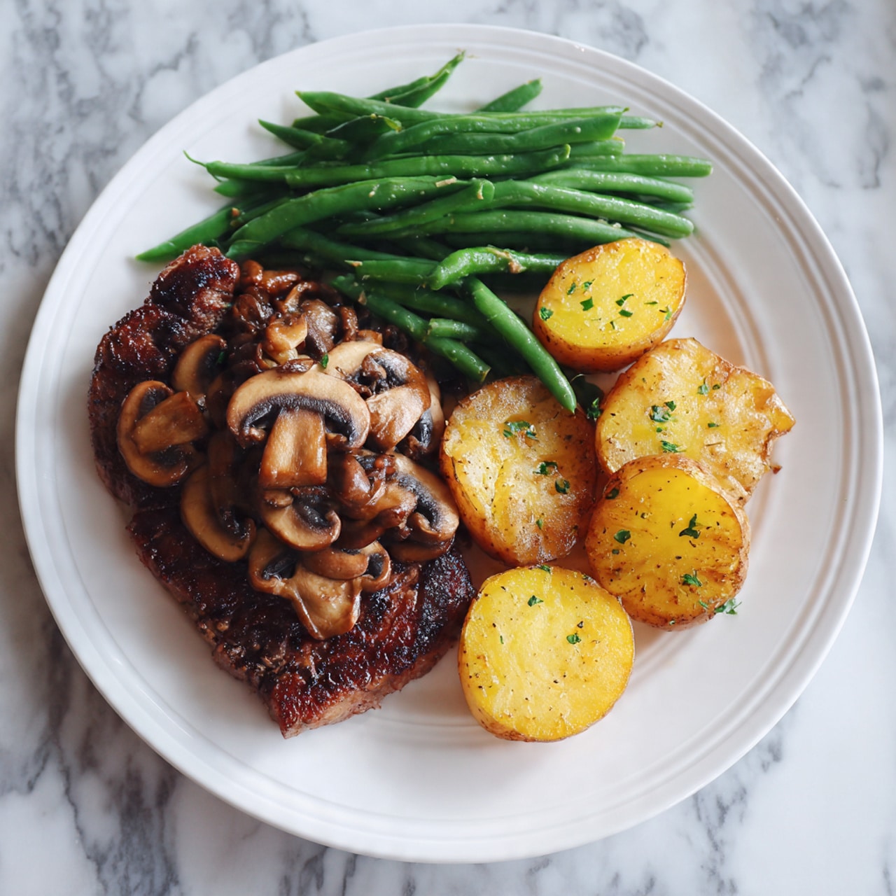A cooked steak topped with sliced, brown cooked mushrooms sits in the center of a white plate. To the upper right of the steak, there are three yellow roasted potato halves, and green beans are placed above the potatoes. The plate rests on a white marbled surface. Photo taken with an iphone --ar 4:5 --v 7