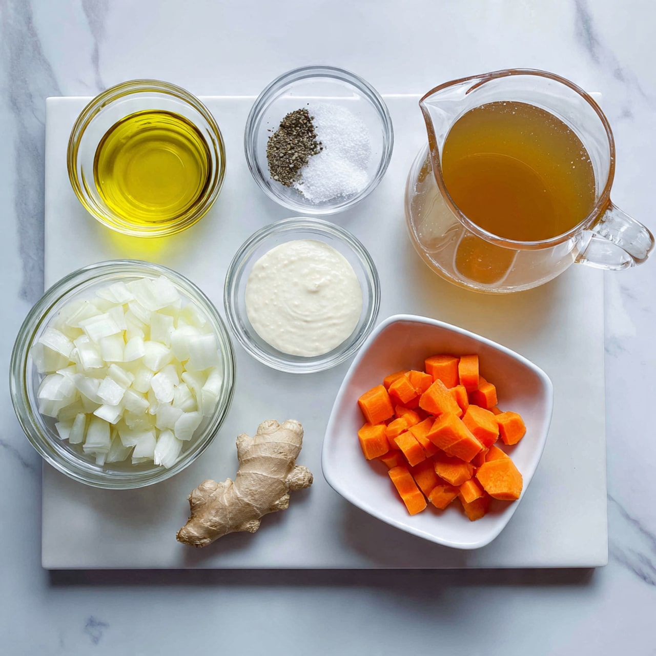 The image shows several clear glass bowls and a white tray arranged on a white marbled surface. In the top left, a small glass bowl holds yellow oil, next to it is a bowl with white salt and black pepper. Below these is a bowl with plain white cream, and next to that is a small piece of ginger on the marble. At the center left, there is a large bowl filled with chopped white onions. On the right side of the image, a white tray contains bright orange carrot pieces neatly stacked. Below the onions, a glass pitcher holds light brown broth. The overall setup is clean with the ingredients ready to be used. Photo taken with an iphone --ar 4:5 --v 7