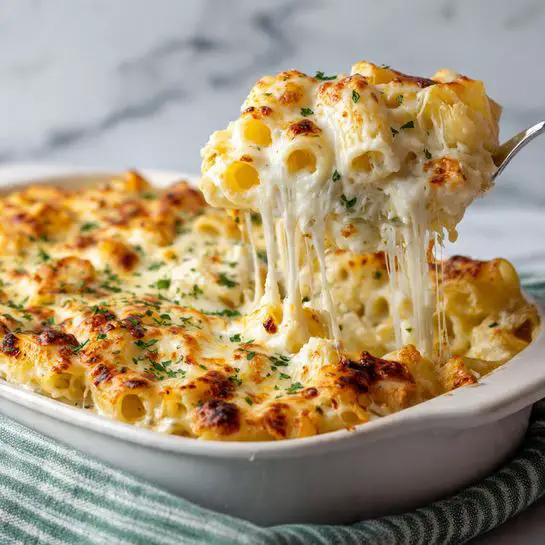 A close-up of a white baking dish filled with baked pasta covered in a thick, creamy cheese sauce that is melted and lightly browned on top, sprinkled with chopped green herbs. The dish shows a lifted portion of pasta being taken out with a fork, revealing gooey, stringy melted cheese stretching from the pan. The pasta is tube-shaped and coated in the sauce, with golden-browned spots on the cheese. The baking dish rests on a white marbled surface with a green and white striped cloth in the background. Photo taken with an iphone --ar 4:5 --v 7