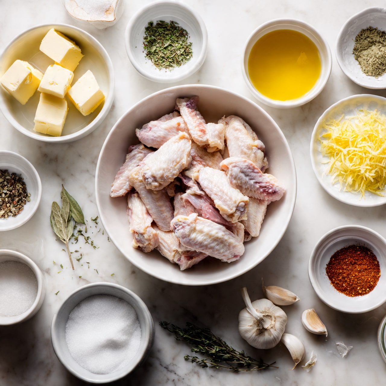 The image shows a white bowl filled with raw chicken wings in the center of a white marbled surface. Around the bowl, there are small white bowls and dishes holding various ingredients: light yellow cubes of butter, chopped green herbs, a small white bowl of white sugar, a clear liquid probably lemon juice, bright yellow lemon zest on a white plate, a white bowl of coarse salt, minced garlic on a white plate, a reddish powdered spice in a small bowl, mixed black and white peppercorns in a small bowl, and a small bowl of honey. There are also whole garlic cloves and some fresh green herbs scattered on the marbled surface. Photo taken with an iphone --ar 4:5 --v 7