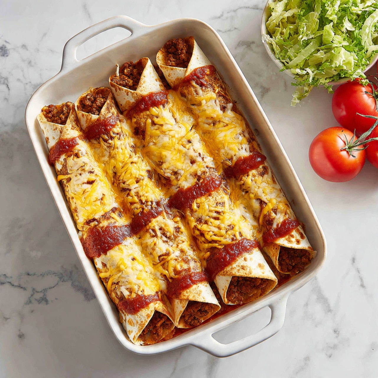 A white rectangular baking dish filled with six rolled enchiladas arranged side by side. Each enchilada has a golden, soft tortilla wrapped around a flavorful filling consisting of brown meat and vegetables with a slightly textured appearance. On top, smooth layers of melted light yellow cheese cover parts of the tortillas, and a thick line of deep red sauce is spread evenly down the center of the enchiladas. The dish sits on a white marbled surface, and in the background, there are fresh green lettuce leaves and red tomatoes visible. Photo taken with an iphone --ar 4:5 --v 7