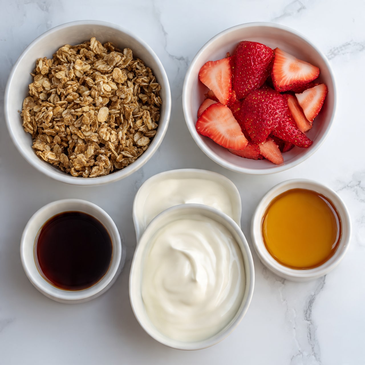 The image shows five white bowls on a white marbled surface. The large white bowl on the left holds chunky golden brown granola with a rough texture. In the center, a large white bowl is filled with smooth, thick white yogurt. The large white bowl on the right contains bright red, sliced strawberries with a soft texture and slight shine. Below, from left to right, there are three small white bowls: the first has more yogurt, smooth and creamy; the second is filled with dark brown vanilla extract, smooth and liquid; the third contains light golden honey with a thick, shiny texture. The overall look is clean and fresh. Photo taken with an iphone --ar 4:5 --v 7
