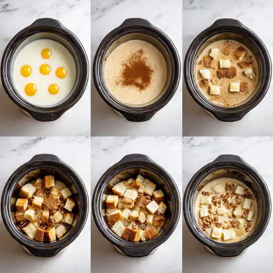 The image shows six steps of making a dish in a black slow cooker on a white marbled surface. Step 1 has a few yellow-orange egg yolks floating in white milk with brown cinnamon powder sprinkled in the center. Step 2 shows the mixture blended into a smooth, light brown liquid with some yellow patches. Step 3 adds cubed white bread with crusts on top of the liquid, filling the cooker. Step 4 has a layer of crushed nuts sprinkled evenly over the bread. Step 5 adds a sprinkling of brown sugar over the nuts, creating a rough-textured layer. Step 6 finishes with small pieces of pale butter spread across the top. Photo taken with an iphone --ar 4:5 --v 7