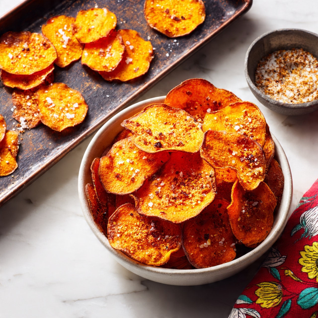 A white bowl filled with a stack of round, golden orange sweet potato chips with slightly dark edges sits on a white marbled surface next to a dark, well-used baking tray holding scattered single sweet potato chips, sprinkled with coarse salt. To the side, there is a small metal bowl with a coarse seasoning mix, and under the baking tray and bowls, a red and yellow floral cloth adds a colorful background. The chips have a crispy texture with some chips showing small browned spots photo taken with an iphone --ar 4:5 --v 7