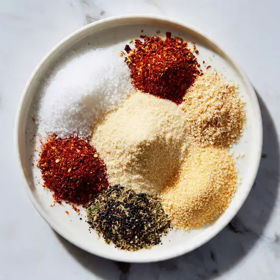 The image shows a white plate on a white marbled surface, filled with seven different spice piles arranged in a circle. At the center, there is a small mound of pale yellow ground spice with a soft texture. Surrounding this in a ring are six more piles: a coarse white salt, a bright red chili flake mix with some seeds, a dark green spice with a leafy texture, a light brown powder, a yellowish spice with a fine texture, and a mix of small black and brown seeds. Each spice pile is clearly separated from the others, showing different colors and textures. The scene is clean and bright, and the spices create a colorful pattern. Photo taken with an iphone --ar 4:5 --v 7