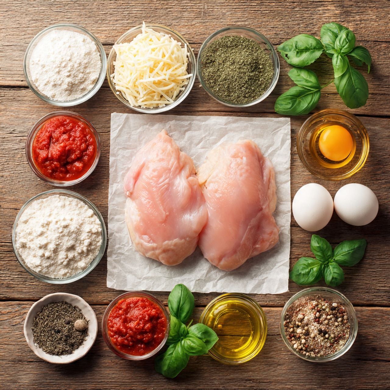 The image shows two raw pieces of chicken placed on a square white paper in the middle of a wooden surface. Around the chicken, there are small clear glass bowls filled with different ingredients: shredded white cheese, white flour, tomato sauce, and what looks like grated Parmesan. There are also two whole eggs, a small dish of white powder, fresh green basil leaves, a small clear bowl with golden oil, and a mix of black and green spices. All the items are arranged neatly, creating a colorful and organized layout. Photo taken with an iphone --ar 4:5 --v 7