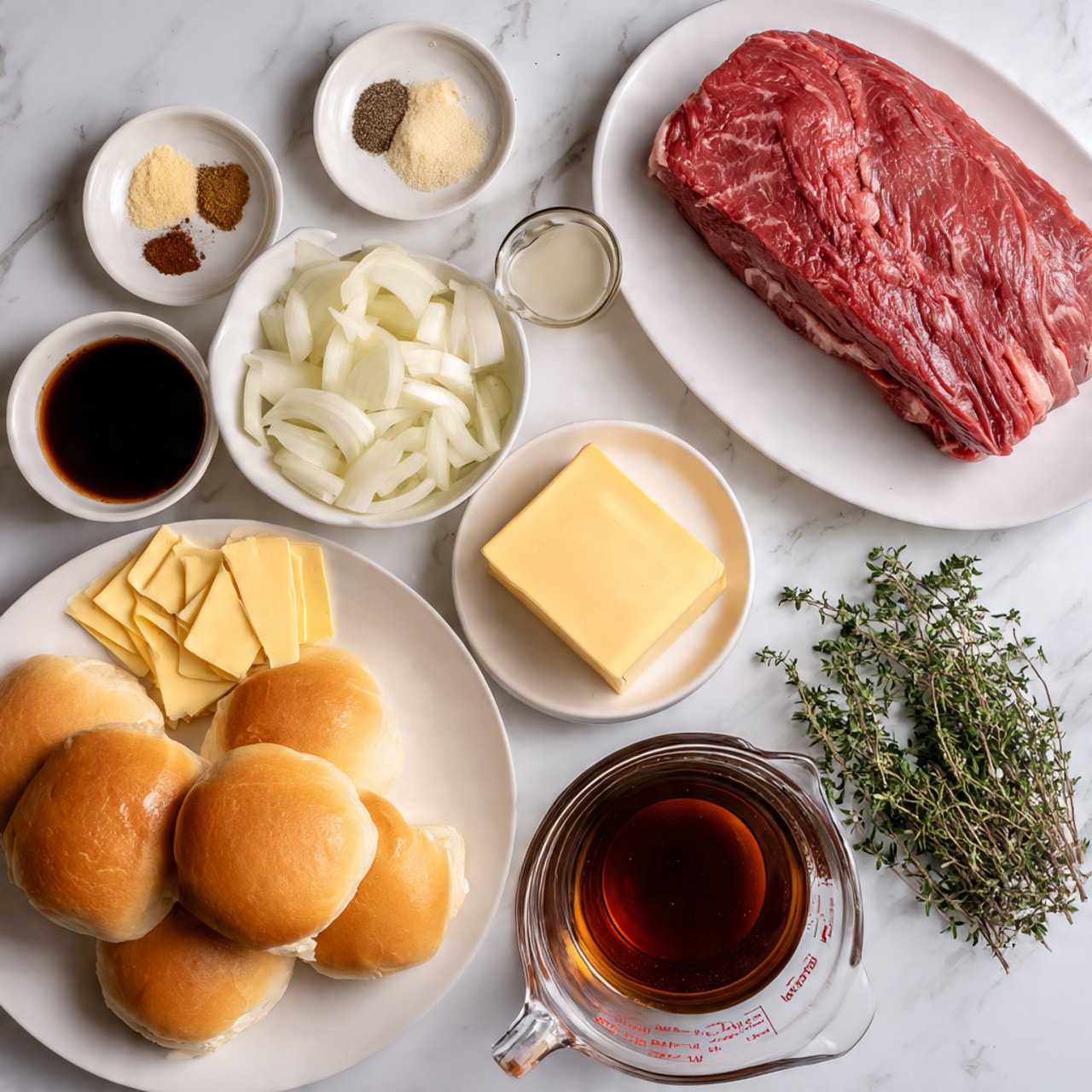 A group of cooking ingredients is arranged on a white marbled surface, featuring a large piece of raw pink meat on a white plate at the top right. Below the meat, there is a white bowl filled with sliced white onions, next to a small white dish holding two square slices of pale yellow butter. To the left, there are several small white bowls containing sliced garlic, mixed spices in four sections, light brown sugar, a small amount of dark sauce, and a small light liquid. In the middle left, there is a white plate stacked with five golden brown sandwich rolls, above which are thin, pale yellow cheese slices on a white plate. At the bottom right corner, there is a clear glass measuring cup filled with a dark brown liquid, and above it, another clear glass measuring cup with a lighter brown broth. Near the top right of the meat plate, a small bunch of fresh green thyme adds a touch of color. The overall arrangement is neat with varied textures and soft colors. photo taken with an iphone --ar 4:5 --v 7