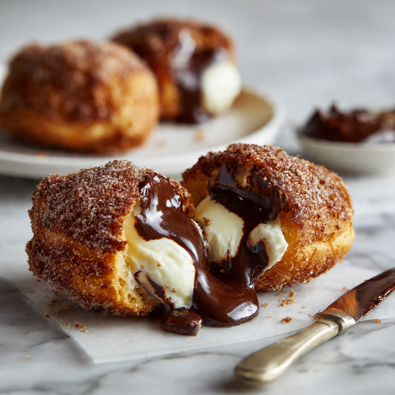 The image shows a close-up of a golden brown pastry that is cut open to reveal creamy white cheese inside, topped with melted dark chocolate spread dripping slightly over the edges. The pastry has a crispy, cinnamon-sugar coated crust with a rough texture. In the background, there is a small white plate with a dollop of chocolate spread and another whole pastry, all placed on a white marbled surface. A woman's hand holds a knife with some chocolate spread on it beside the pastries. photo taken with an iphone --ar 4:5 --v 7