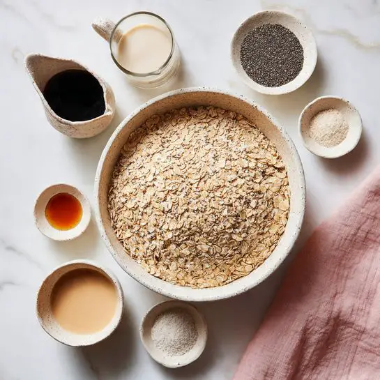 A large white speckled bowl is filled with a thick layer of dry oats, light beige and textured. Surrounding the bowl are six small white speckled dishes each holding different ingredients: black chia seeds in a medium bowl at the top right, a dark soy sauce-like liquid in a small pitcher on the top left, a light milky liquid in a clear glass jug to the right, a small amount of brown syrup in a tiny bowl at the bottom left, a creamy beige sauce in a small bowl next to it, and a white powdery substance in a bowl at the bottom right. The items are arranged on a white marbled surface with a pale pink cloth folded on the right side. photo taken with an iphone --ar 4:5 --v 7