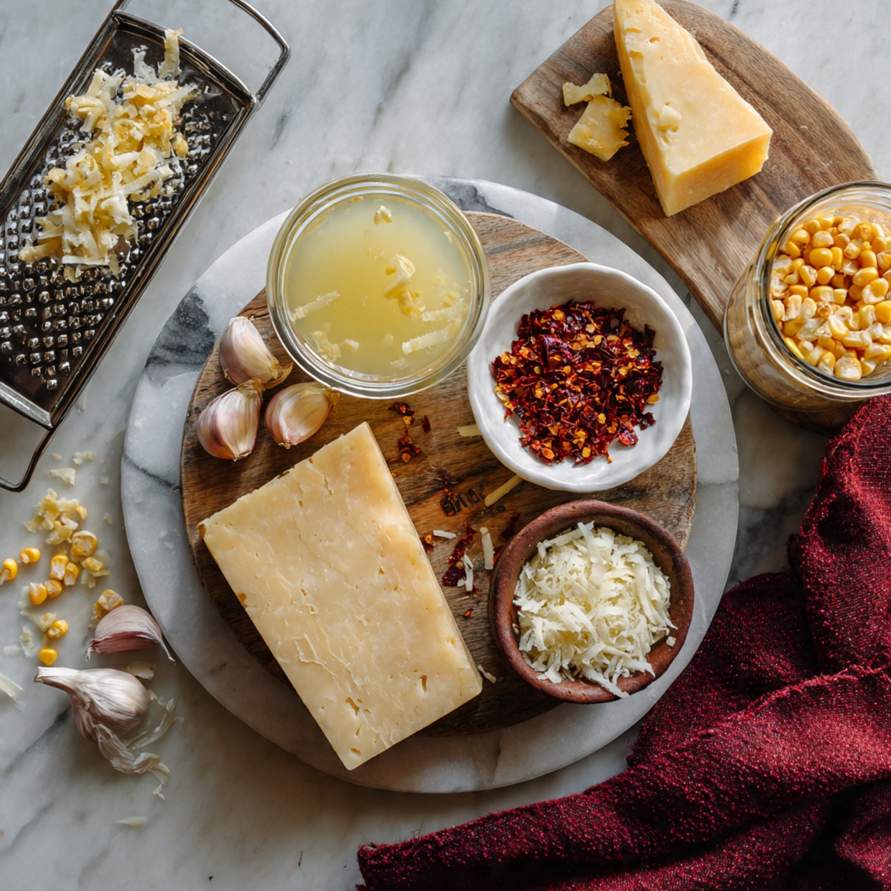 A round silver tray holds a round white marble board in the center. On the marble board, there is a clear glass bowl filled with a pale yellow liquid, a small white bowl with light brown powder, two garlic cloves, and a small brown bowl filled with finely grated white cheese. On the silver tray next to the marble board, there is a white bowl filled with red chili flakes and some scattered chili flakes and grated cheese. On the white marbled surface around the tray, there is a block of hard yellow cheese on a silver grater with some cheese shavings, an opened jar of corn kernels, scattered corn kernels, and a dark red cloth in the bottom right corner. photo taken with an iphone --ar 4:5 --v 7