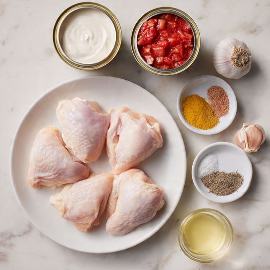 A white plate at the center holds four raw, pale pink chicken pieces with smooth texture and slight natural gloss. Above the plate, there are three open cans: one with white liquid, one with thick white cream, and one containing chunky red tomatoes with visible seeds and bits. To the right of the plate, a small white bowl displays three different spices in powder form with yellow, light brown, and dark brown colors, alongside a white garlic clove. Below is a whole garlic bulb with pale purple and white outer skin. Another small white bowl on the lower right side contains coarse salt and black pepper. At the bottom right of the image, there is a small clear glass bowl holding a light yellow liquid. The items are all placed on a surface with a white marbled texture photo taken with an iphone --ar 4:5 --v 7