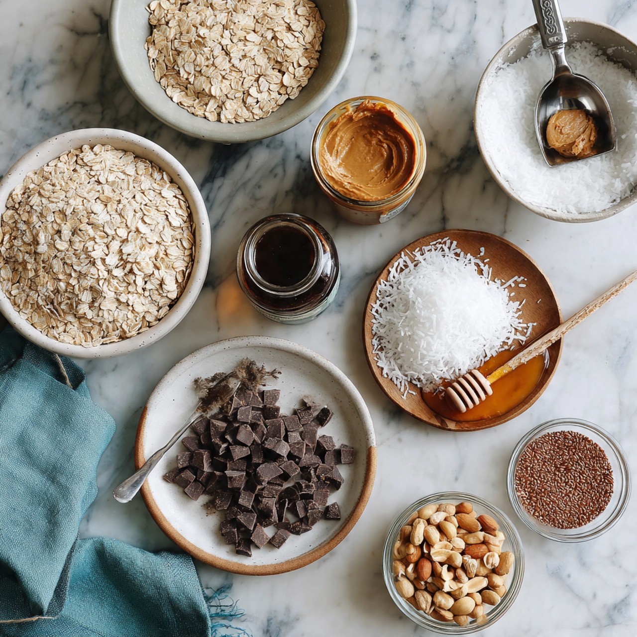 The image shows a top view of several bowls and containers with different ingredients arranged on a white marbled surface. There is a white bowl filled with light beige rolled oats in the upper left corner and an open jar of light brown peanut butter with a spoon inside next to it. Near the center, a small dark bottle without a cap sits beside a small wooden plate holding shredded white coconut with a metal measuring spoon resting on top. A large white mixing bowl with a metal ice cream scooper is in the top right corner. At the bottom left, a white plate with a light brown rim is filled with dark brown chocolate chips. A clear glass bowl on the right side contains light brown peanuts. A small dark bowl with brown ground flaxseeds is partially visible at the bottom right, and a small glass jar with amber honey and a wooden honey dipper is near the peanuts. A metal tablespoon with a small heap of salt is placed in the center-left area on the white marble surface, near the peanut butter jar. There is a folded blue-green cloth near the plate with chocolate chips. photo taken with an iphone --ar 4:5 --v 7