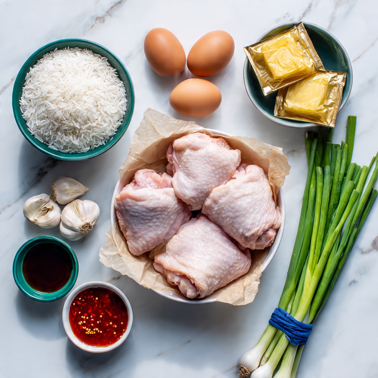 The image shows several cooking ingredients neatly placed on a white marbled surface. In the center, there is a white bowl lined with light brown parchment paper holding four plump, raw pink chicken thighs. To the left, a green bowl is filled with white uncooked rice, and nearby are three brown eggs arranged in a small group. Ginger root and three peeled garlic cloves sit next to a small blue bowl containing a light beige powder, alongside a small green bowl filled with a red chili sauce that has visible chili flakes. Above, two small white dishes hold dark brown soy sauces, with two golden-yellow wrapped bouillon cubes placed between them. On the right side, there is a bunch of fresh green spring onions tied with a blue rubber band. The overall scene is bright and clean, styled for a cooking preparation photo taken with an iphone --ar 4:5 --v 7