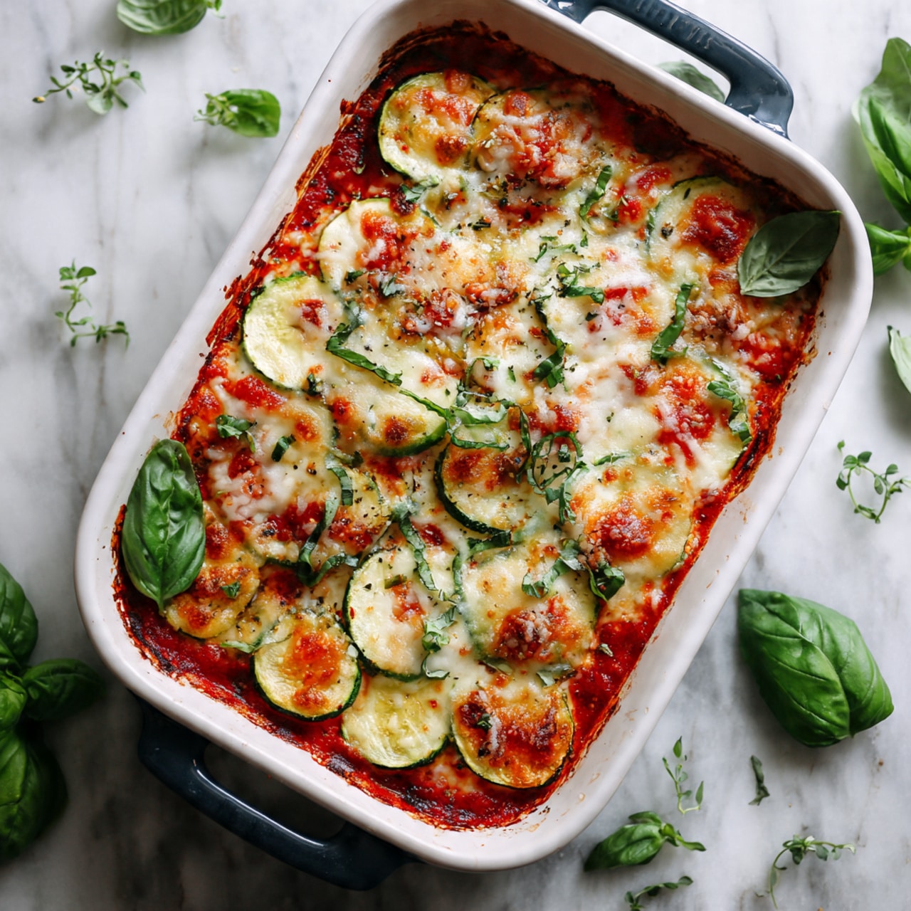 The dish is a baked casserole in a white rectangular dish with dark blue handles. It has several layers visible on top: a rich red tomato sauce base with round slices of green zucchini spread evenly throughout, covered by melted gold and white cheese that looks bubbly and slightly browned at the edges. Small pieces of green herbs are scattered on the surface, with a few whole fresh green basil leaves placed on top for decoration. The dish sits on a white marbled surface with some green herb leaves scattered around. photo taken with an iphone --ar 4:5 --v 7