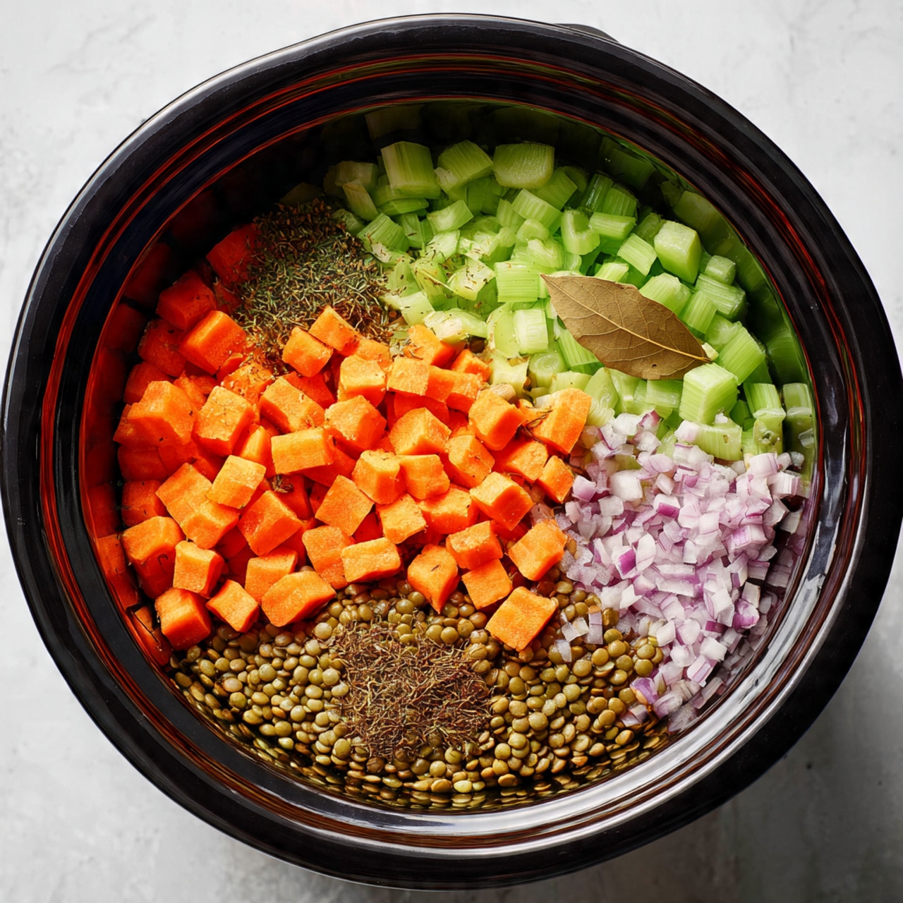 The image shows a close-up of several ingredients arranged in a slow cooker with white marbled texture in the background. There are five distinct layers: small orange cubes of carrot on the top right, pale green chopped celery to the left of the carrot, finely chopped light purple shallots below the celery, green lentils covering the bottom half of the pot, and dark brown dried herbs sprinkled near the shallots. A single dried bay leaf rests on top of the lentils near the center. The ingredients are all raw and neatly placed next to each other in the round black pot. photo taken with an iphone --ar 4:5 --v 7