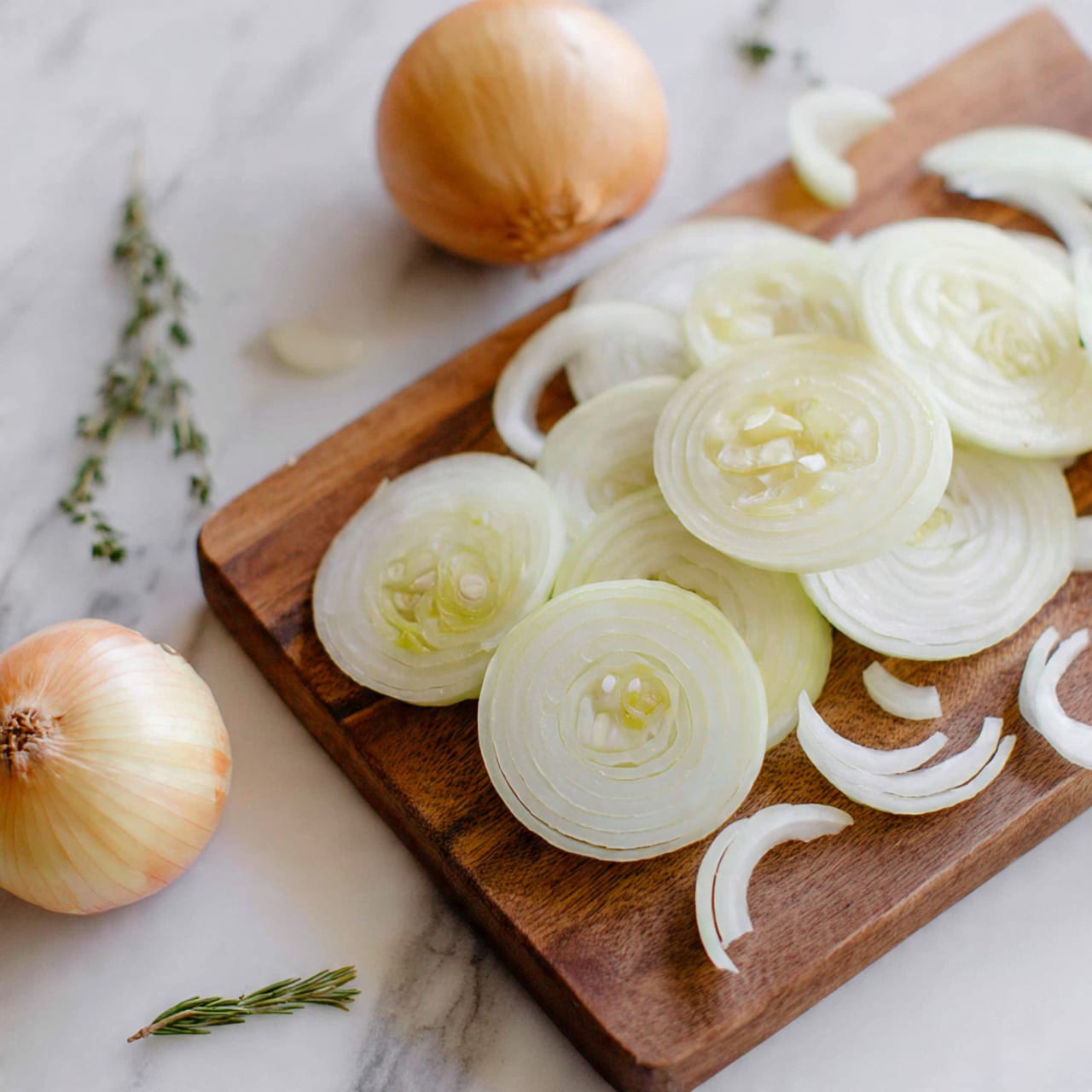 The image shows a wooden board on a white marbled surface, filled with multiple layers of sliced onions. The onion slices vary from whole rounds at the bottom right to crescent-shaped pieces scattered around the board. There are three whole onions placed near the top and right edges of the board, along with a few sprigs of green herbs mixed among the slices. The colors are soft white and light yellow, with the wood grain lightly visible under the onion pieces. photo taken with an iphone --ar 4:5 --v 7