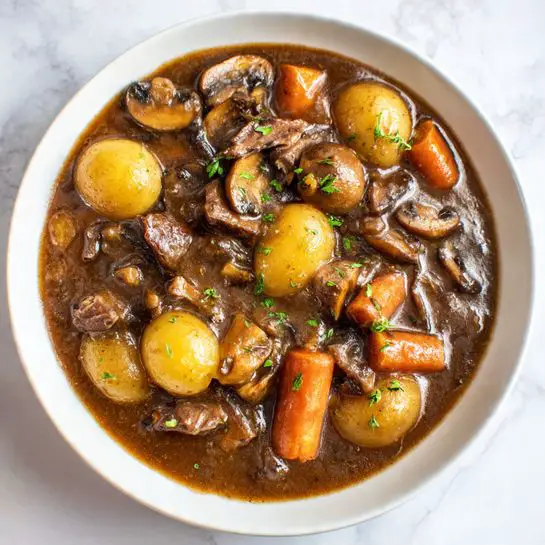 The image shows a stew inside a white dish placed on a white marbled surface. The stew has about three layers clearly visible: the base layer is a rich, dark brown sauce with a smooth, slightly thick texture; the middle layer consists of light brown mushroom slices scattered throughout; and the top layer is a mix of large orange carrot chunks, whole small round potatoes with a light yellow skin, and pieces of tender brown meat. There are small green herb leaves sprinkled over the top for color contrast and freshness. The whole dish looks warm and hearty, inviting to eat. photo taken with an iphone --ar 4:5 --v 7