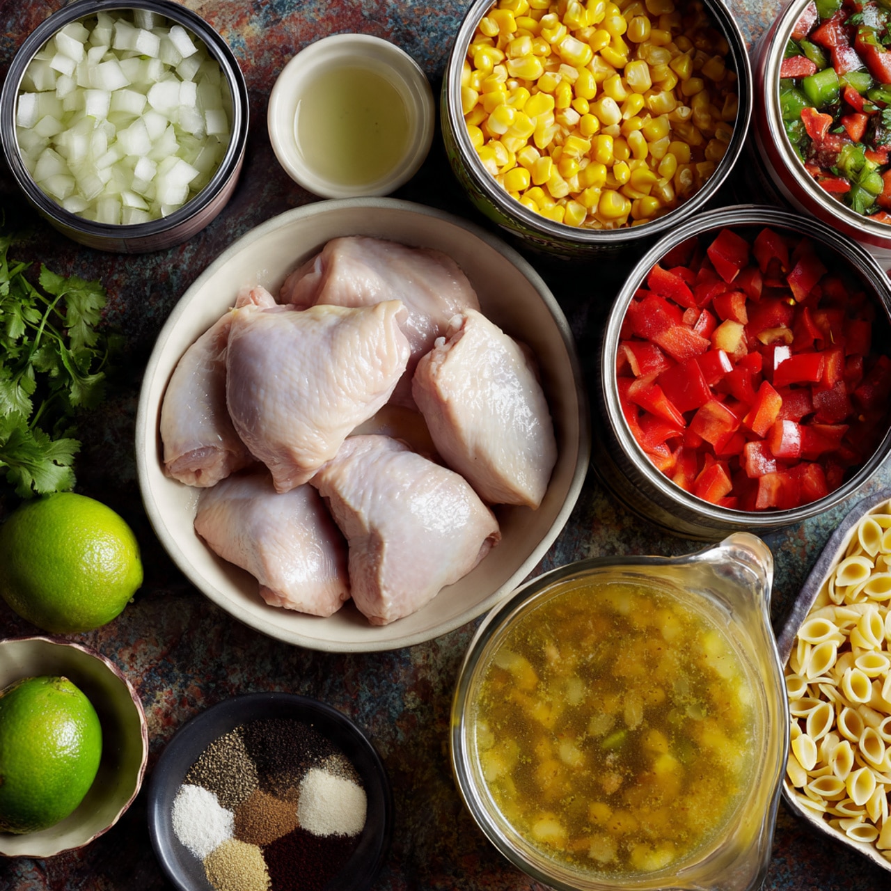The image shows various ingredients for a recipe all laid out on a white marbled surface. There is a central white bowl with four raw light pink chicken pieces, surrounded by smaller bowls and cans with different ingredients. On the top left is a bowl filled with small white chopped onions, next to a bowl of chopped dark green peppers. To the right are three cans - one open can of yellow corn, one unopened can of black beans, and one unopened can of diced red tomatoes with green chilies. Below the cans is a whole green lime. Near the chicken bowl is a small white bowl with mixed spices in separate sections with colors like dark brown, red, and white. A black bowl on the right holds bright red diced bell peppers. At the bottom, a gray bowl contains pale yellow orzo pasta, with some loose pieces on the marbled surface. In front of the orzo is a large clear measuring jug filled with yellow broth or stock with visible bits of herbs and garlic. A small beige bowl with minced garlic and a small white cup with oil are also present, as well as fresh green cilantro to the left. The photo taken with an iphone --ar 4:5 --v 7