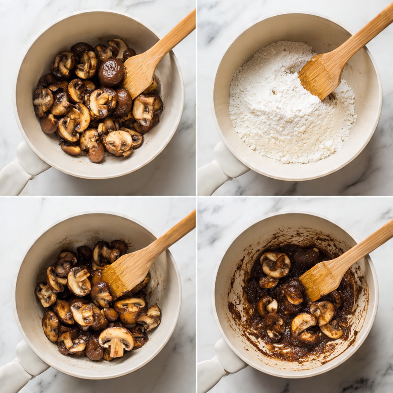 The image shows four steps inside a white pot on a white marbled surface. The first step has a mix of sliced brown mushrooms with light beige centers and a wooden spatula held by a woman's hand stirring them. The second step shows the mushrooms darker brown and evenly cooked, with the wooden spatula resting in the pot. The third step has a layer of white flour sprinkled over the cooked mushrooms with the spatula in the pot. The fourth step shows the mushrooms mixed with the flour, creating a thick brown mixture, with the spatula again in the pot. Photo taken with an iphone --ar 4:5 --v 7
