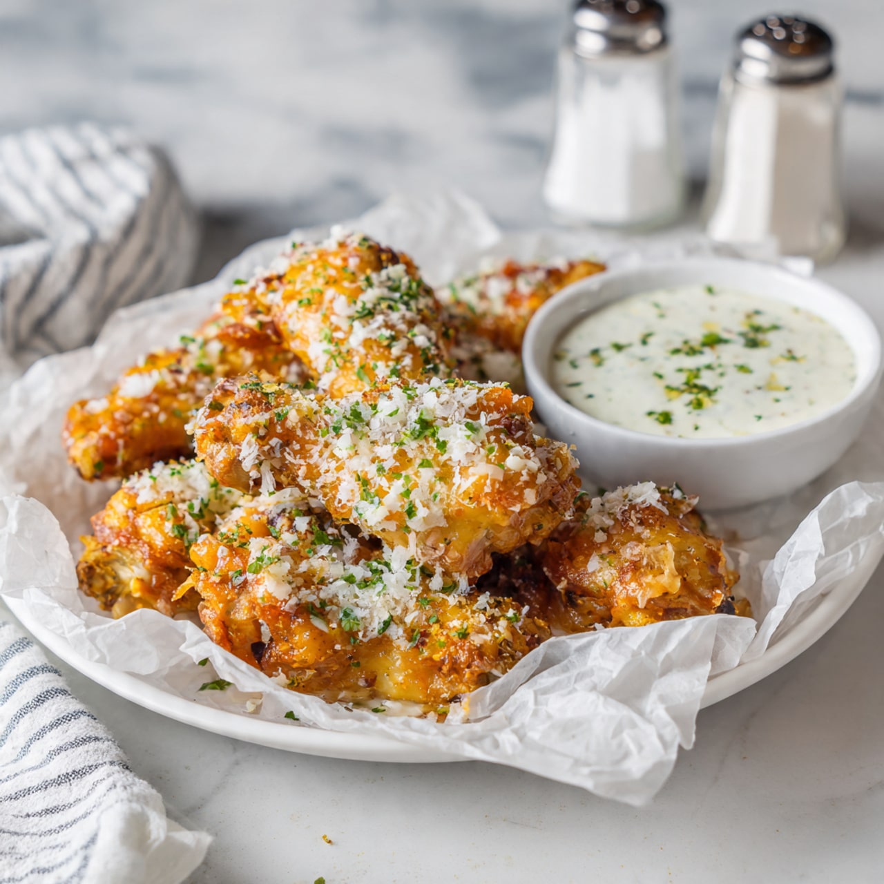 A white plate lined with crumpled white parchment paper holds a pile of golden brown chicken wings covered with white grated cheese and sprinkled with small green herb pieces. Next to the wings, there is a small white bowl filled with creamy white sauce topped with tiny green herb bits. In the background, a white marbled surface features salt and pepper shakers and a striped white cloth. photo taken with an iphone --ar 4:5 --v 7
