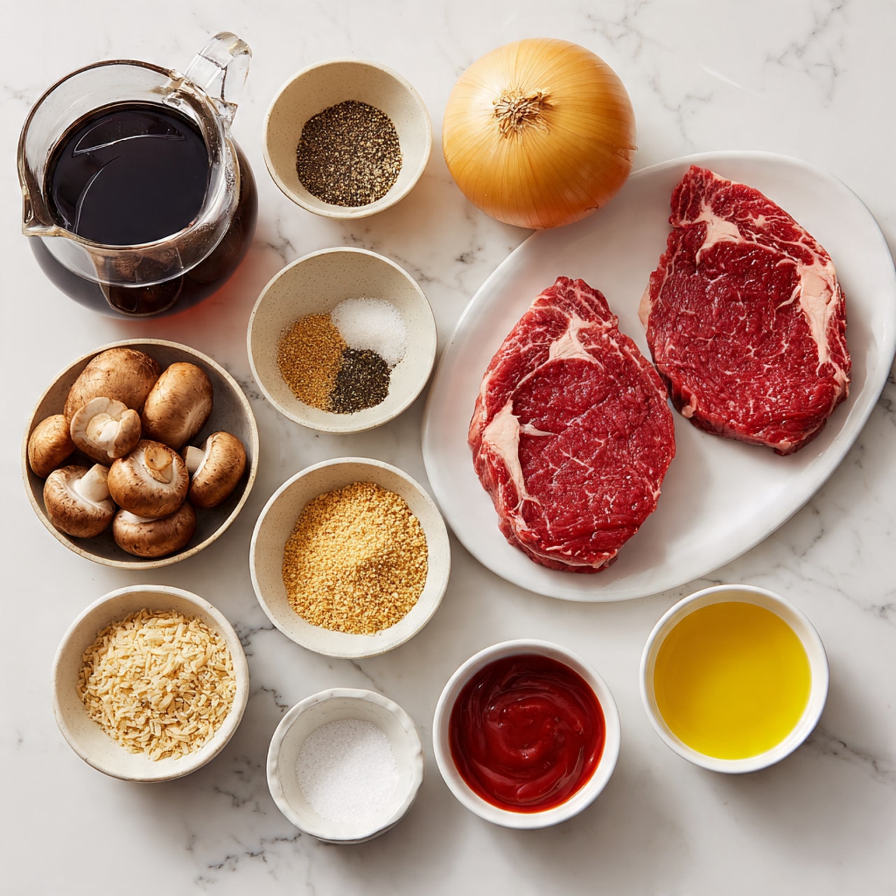 A flat lay of cooking ingredients on a white marbled surface includes two raw red steaks with white marbling placed on a white plate on the top right, a whole yellow onion in the center above small bowls, and a glass pitcher filled with dark brown liquid in the top left. Below the onion, there are four small round bowls arranged in a row: the first bowl has whole brown mushrooms, the second holds three different dried seasonings—black pepper, salt, and dried herb, the third contains light brown breadcrumbs, and the fourth has white flour. At the bottom, four small white bowls hold minced garlic, bright red ketchup, dark brown soy sauce, and light yellow oil, lined up side by side. The colors vary from deep red and brown to pale yellow and white, all neatly spread out with clear spacing photo taken with an iphone --ar 4:5 --v 7