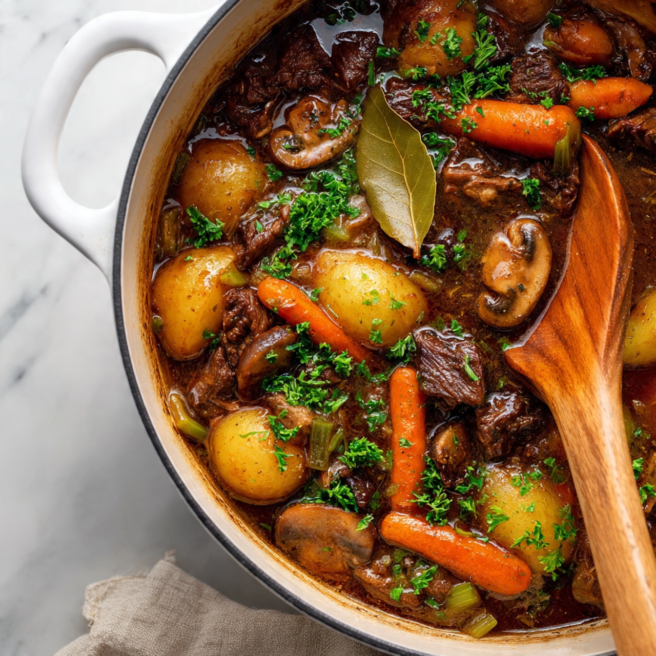 A close-up view inside a white pot filled with a rich brown stew showing chunks of dark brown meat, bright orange carrots, light brown mushrooms, pale yellow potatoes, and pieces of green celery. The stew has fresh green parsley sprinkled on top and one bay leaf floating in the middle. On the right edge of the pot, a wooden spoon rests partially in the stew. The pot is placed on a white marbled surface, with parts of a beige cloth visible near the bottom left edge of the image. photo taken with an iphone --ar 4:5 --v 7