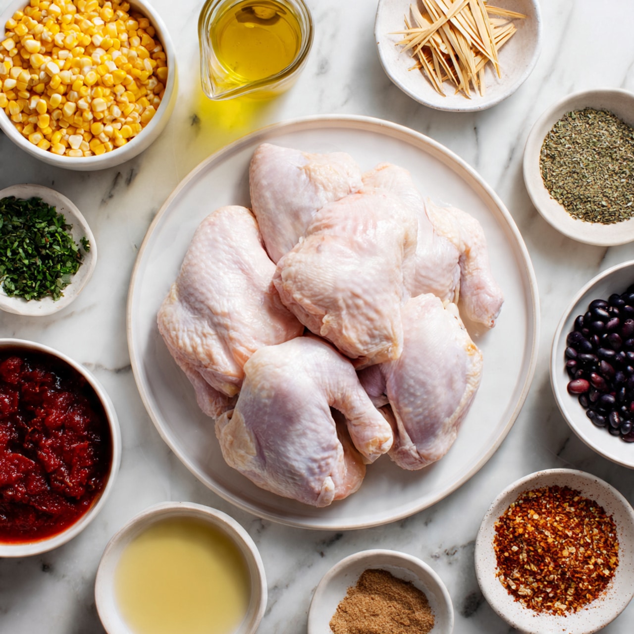 The image shows a white round plate in the center holding five raw chicken pieces with pale pink skin. Around this plate, there are eleven small white bowls each holding different ingredients: a bowl with chopped green herbs at the bottom left, a bowl with yellow corn kernels at the lower edge, a bowl with red chunky sauce at the bottom center, a bowl with dark black beans to the right of the center, a bowl with a brown crumbly spice mix near the top right, a bowl with thin light brown sticks above the center, a bowl with a green dry herb mix close to the top right, a bowl with crushed garlic cloves near the right, a bowl with dark reddish spice to the top right, a bowl with pale yellow liquid near the white marbled surface edge, a bowl with light brown liquid near the lower center, and a white bowl to the top left with yellowish chunky mixture. The background and surface are a white marble texture, and a woman's hand is holding a small glass container of yellow oil at the upper left. Photo taken with an iphone --ar 4:5 --v 7