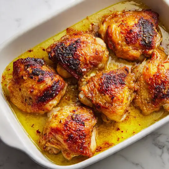 The image shows a white baking dish filled with several browned, cooked chicken thighs sitting in a layer of clear, golden-yellow sauce with some darker browned spots. The chicken pieces are arranged in a single layer, each with a slightly crispy, textured skin with some darker charred areas. The sauce pools around the chicken, giving a shiny, moist look. The background is a white marbled texture. Photo taken with an iphone --ar 4:5 --v 7