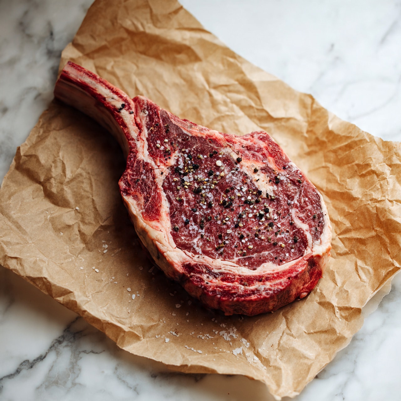A raw ribeye steak with a bone shaped like a handle lies on crinkled brown parchment paper. The steak has a marbled mix of red meat and white fat, with black pepper and coarse salt sprinkled evenly on top. The paper is placed on a white marbled surface, showing a natural, rustic style. The steak looks thick and fresh, ready to cook photo taken with an iphone --ar 4:5 --v 7